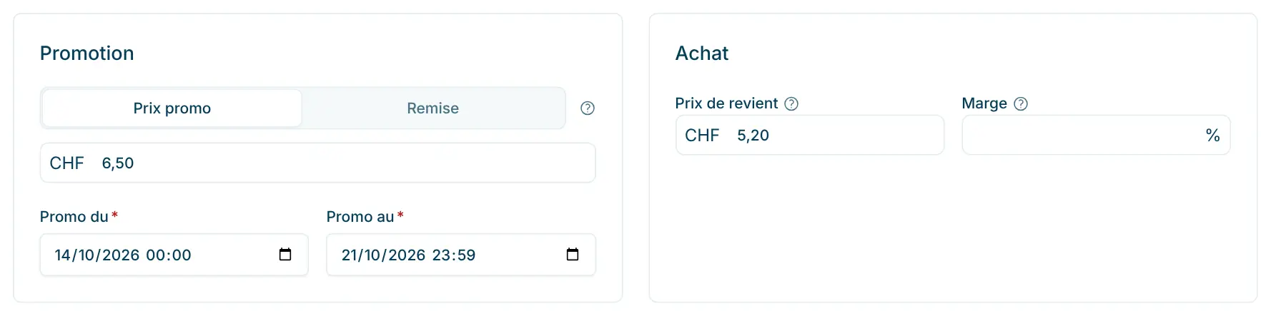 Sections « Promotion » et « Achat » sur la page du produit