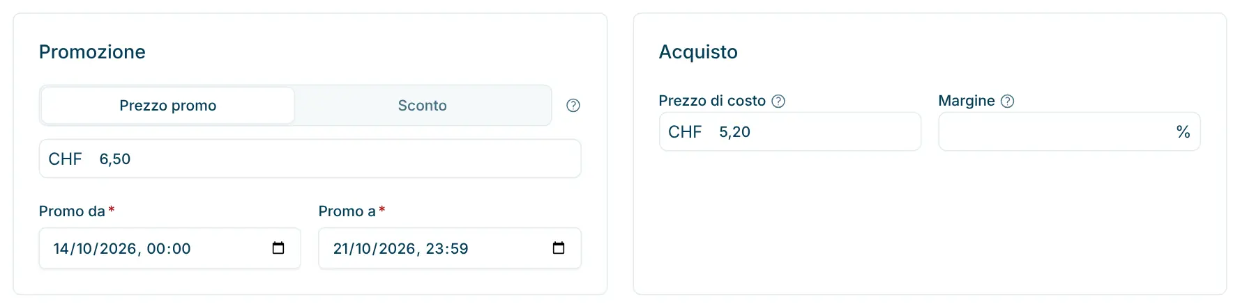 Sezioni «Promozione» e «Acquisto» nella pagina del prodotto