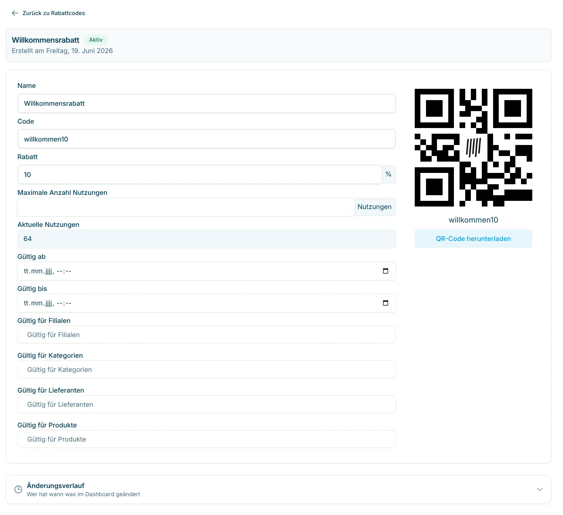 Detailseite eines Rabattcodes mit Einschränkungen und QR-Code