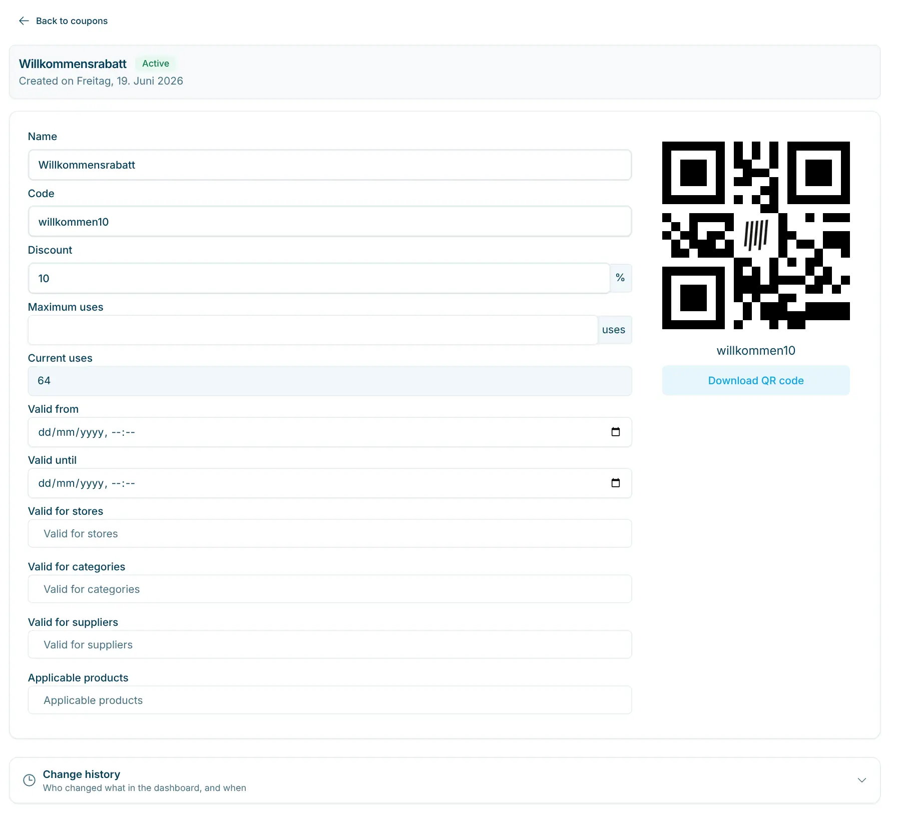 Detail page of a discount code with restrictions and QR code