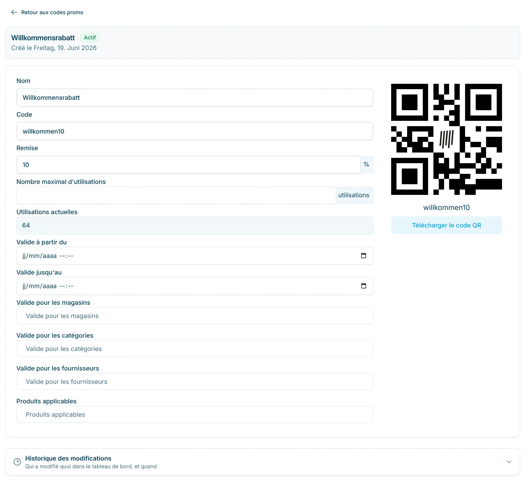 Page de détail d'un code de réduction avec restrictions et code QR