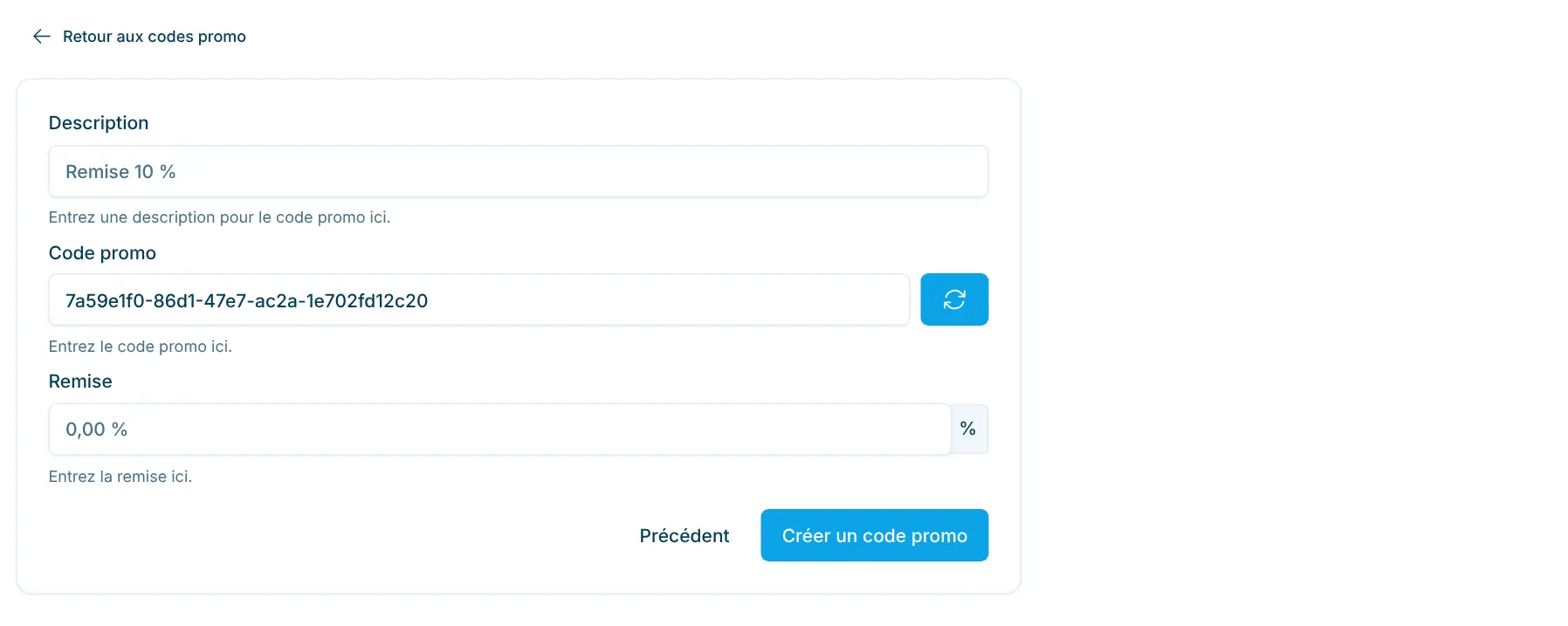 Formulaire Nouveau code promo avec Description, Code Promo et Remise