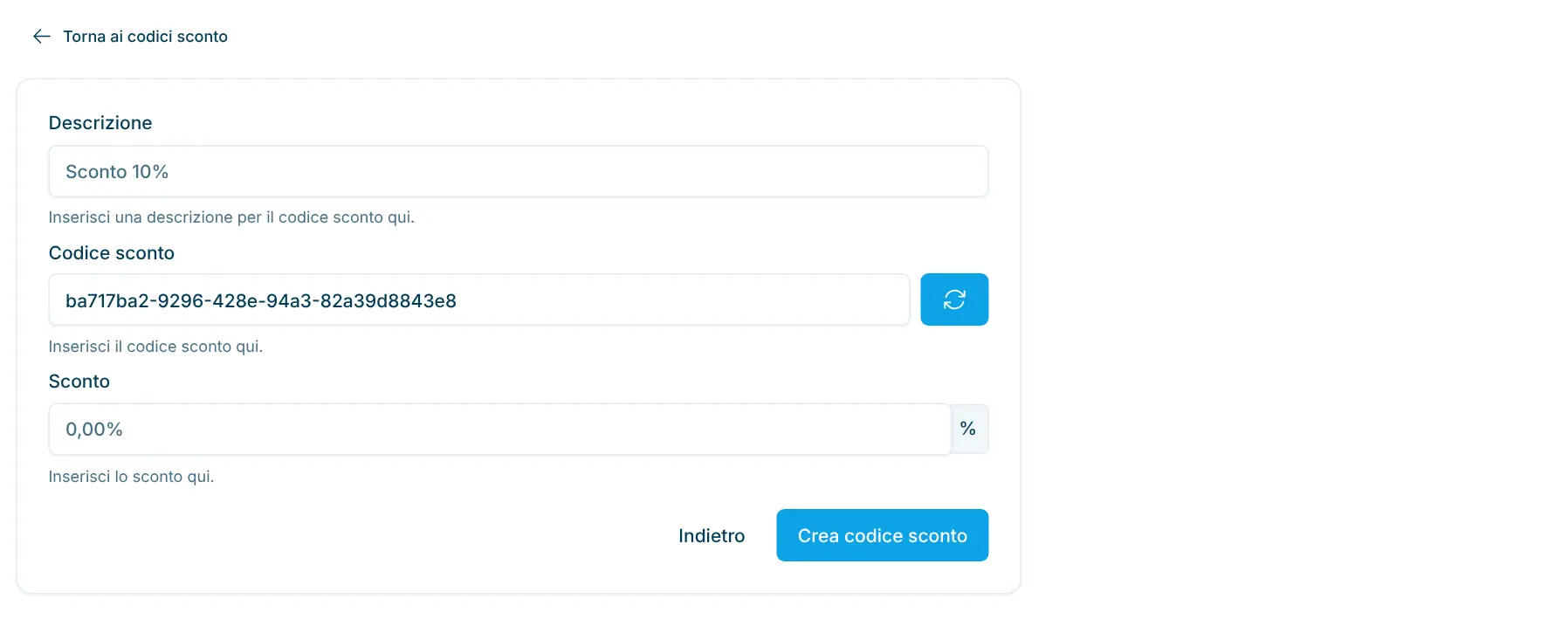 Modulo Nuovo codice sconto con Descrizione, Codice Sconto e Sconto