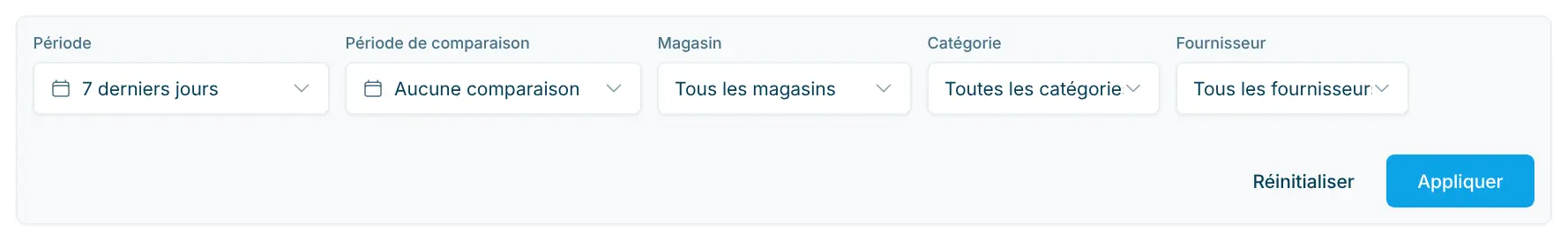 Barre de filtres avec période, période de comparaison, magasin, catégorie et fournisseur