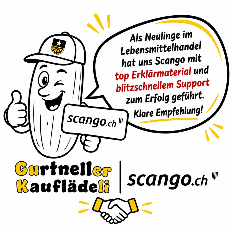 Illustrazione: il Gürkli come cetriolo con il pollice alzato e un cartello scango.ch, nel fumetto la citazione di Petra sul materiale esplicativo e il supporto