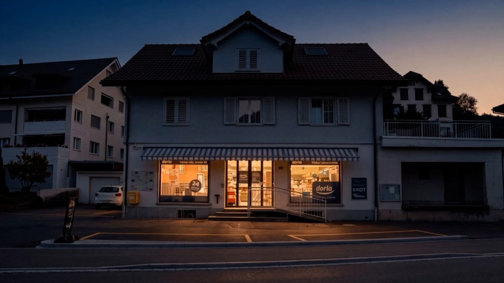 Il Dorla a Gähwil a tarda sera, con il negozio illuminato